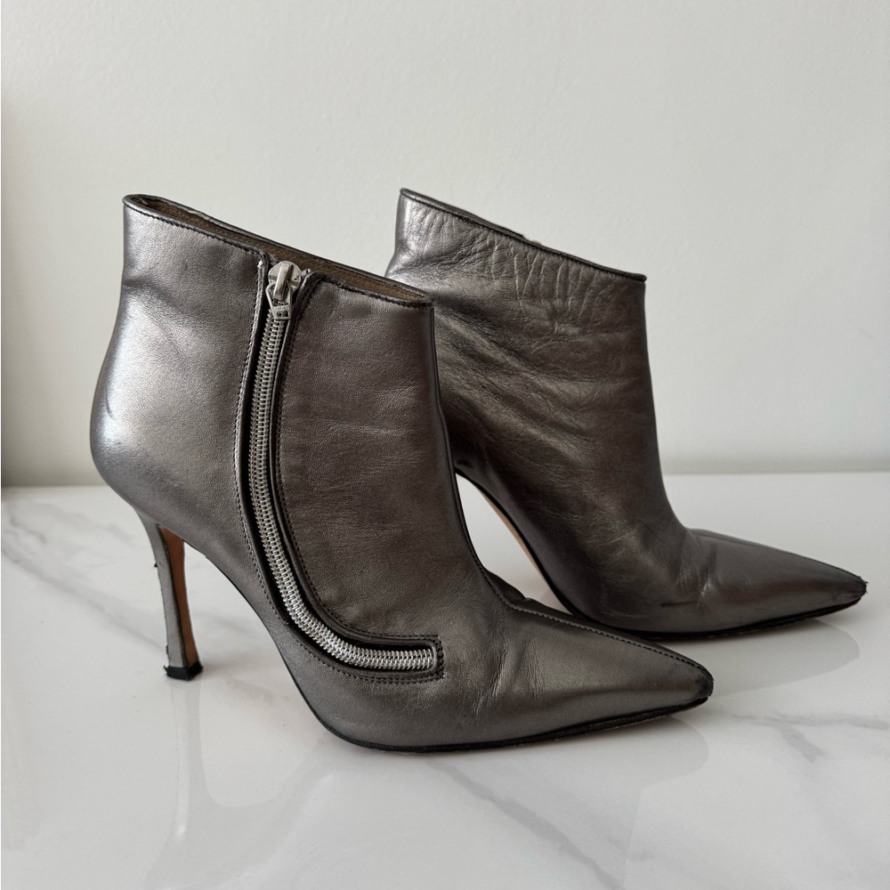 Manolo Blahnik Metallic Gray Pointed-Toe Ankle Booties